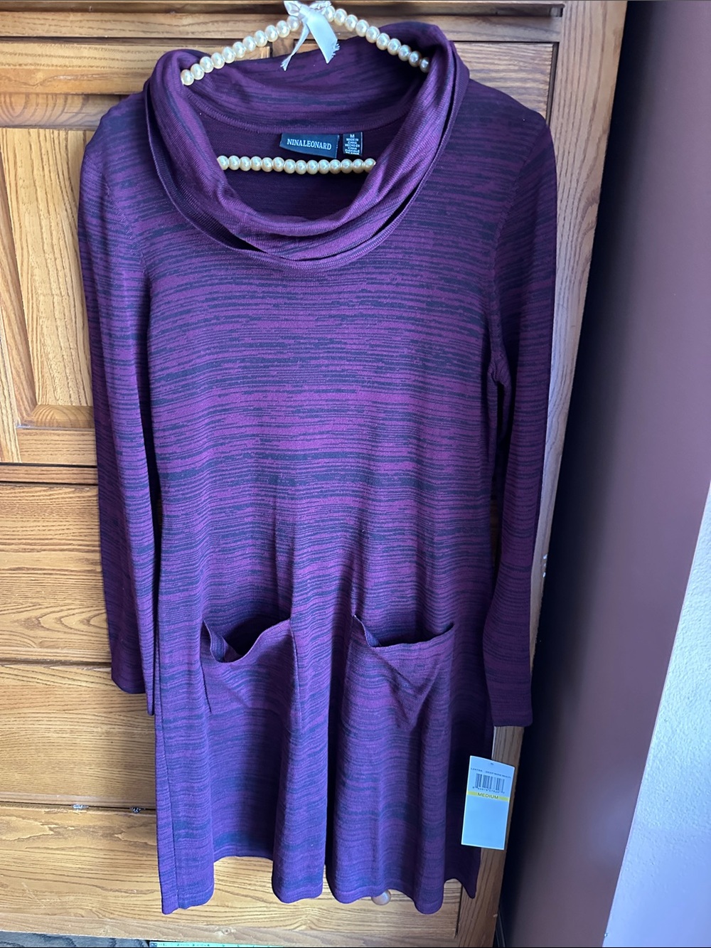 Nina Leonard Purple Striped Cowl Neck Tunic